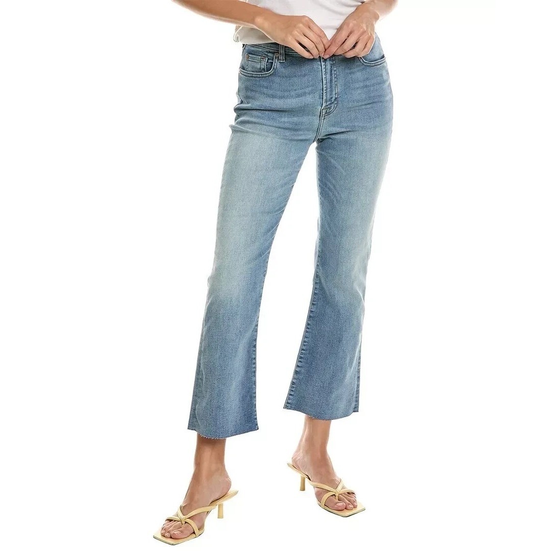 7 For All Mankind Highwaist Slim Kick Flare Jeans 29 Women Blue Raw Hem Stretch